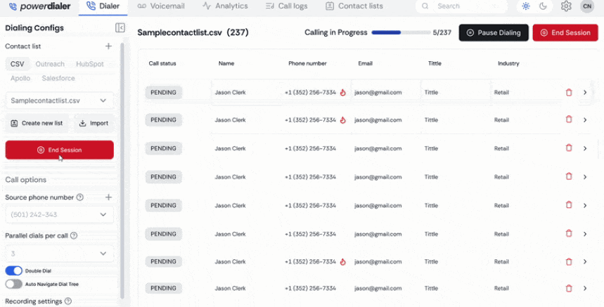 A table of contacts with call status and details.
